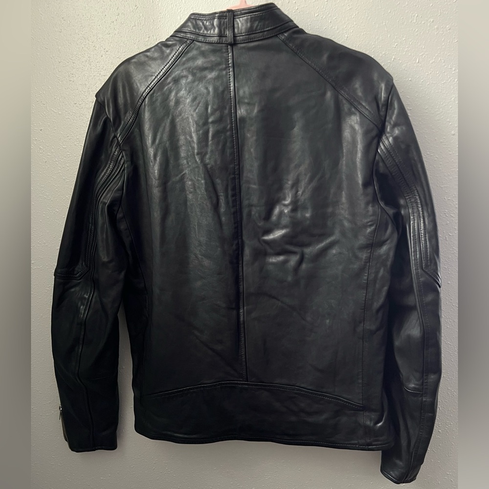 AllSaints Cora Leather Snap Back Collar Jacket Men’s Size Large in Jet Black - Picture 2 of 9